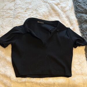 ZARA Black Short-Sleeve Polo Crop Top